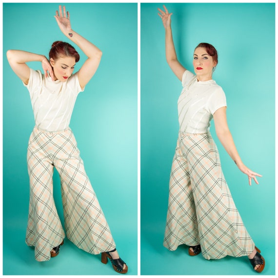 1970s 27W Plaid Pants Bell Bottom Trousers - image 1