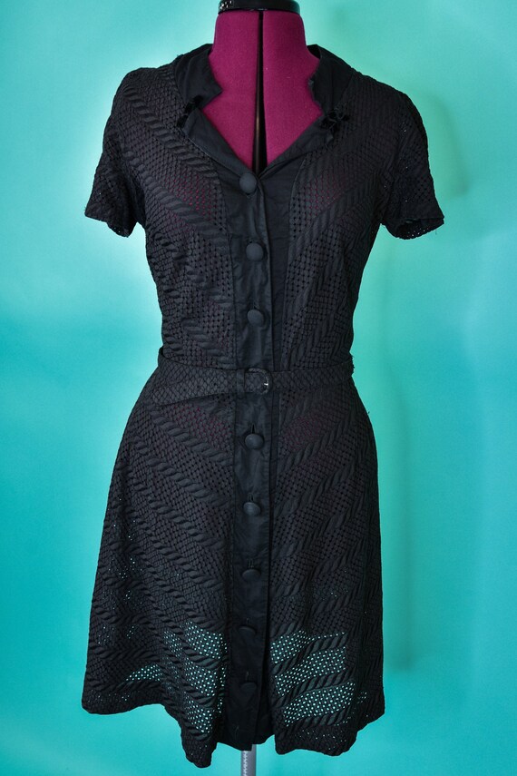 Vintage 1940s 50s Black Dress - Sheer Knit Dress -