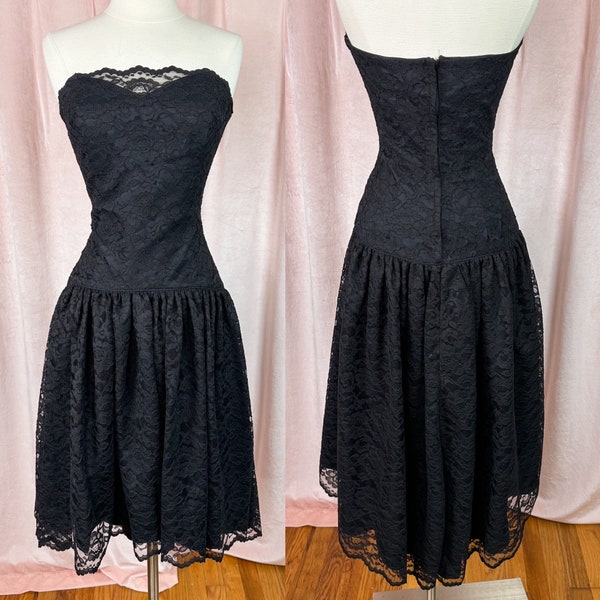 Vintage 1980s Black Cocktail Dress Strapless Dress