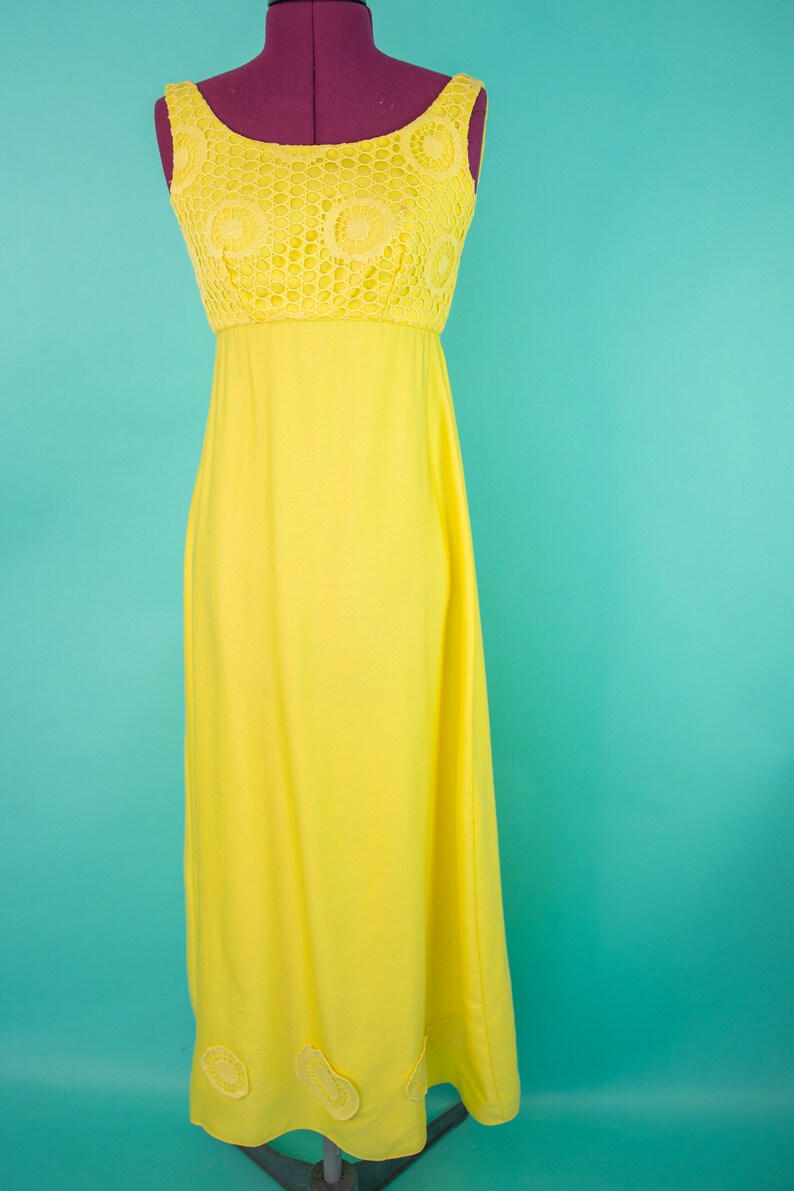 Vintage 1960s XS Yellow Maxi Dress Empire Waist image 2