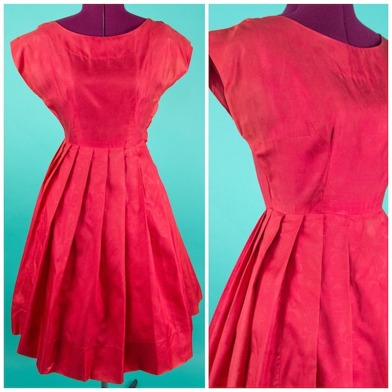 Vintage 1950s Red Floral Dress Small - Coral Red D