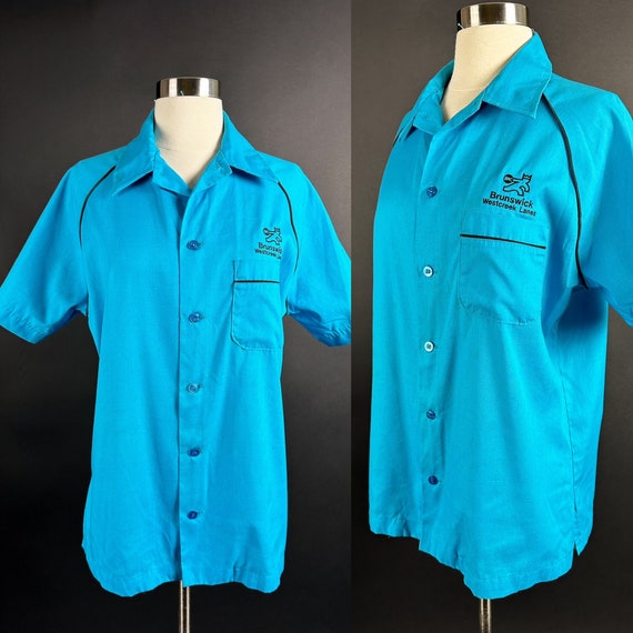 1970s 80s Blue Teal Bowling Shirt Medium - image 1