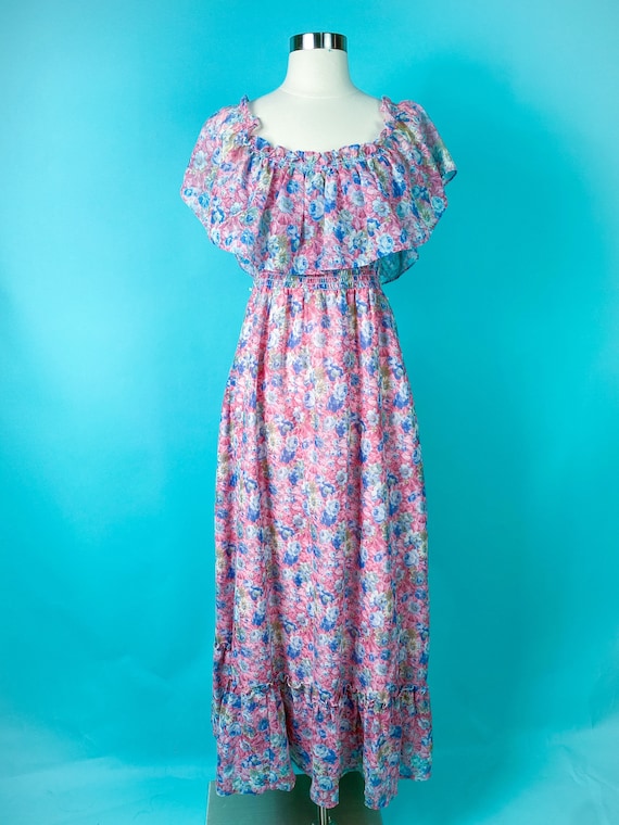 Vintage 1970s Floral Dress Pink Blue Small Medium
