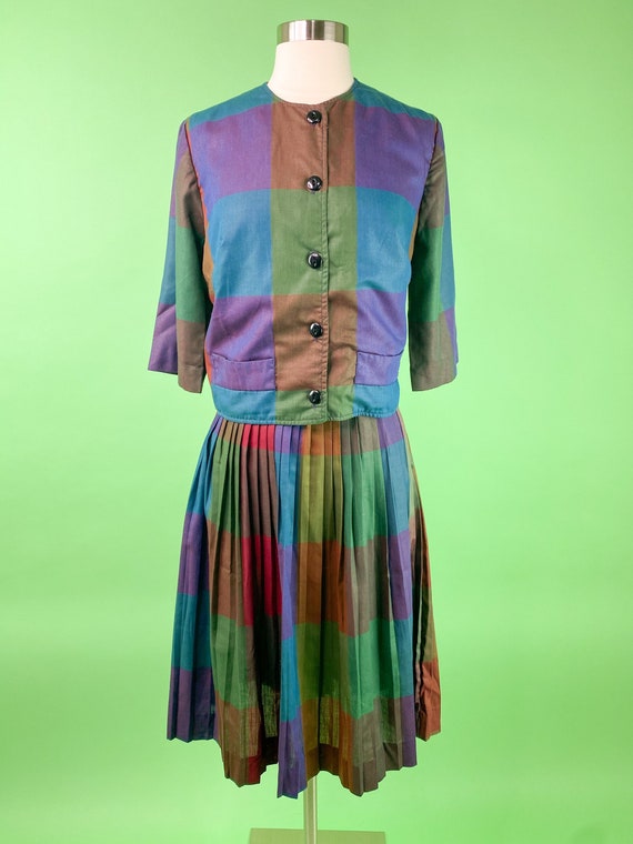 1950s 60s Multi Colored Plaid Skirt Set 25W Small… - image 4