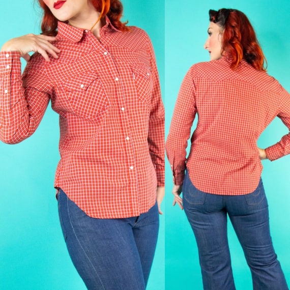 Levi's, 1970s Levis Button Up Red Plaid Western 38 Bust Medium