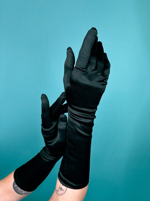 40s 50s Black Satin Nylon Gloves - image 9