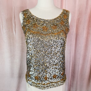 Vintage 1950s 60s Gold and Silver Sequin Beaded Sweater Tank Top Small Medium