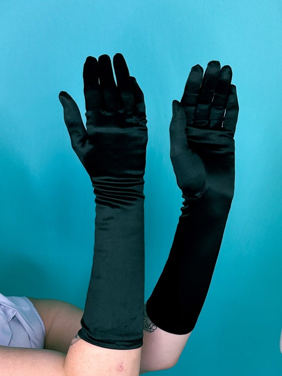 40s 50s Black Satin Nylon Gloves - image 4