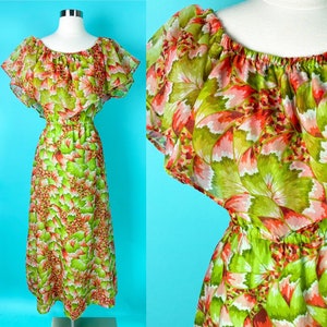 Vintage 1970s Floral Maxi Dress Red Green