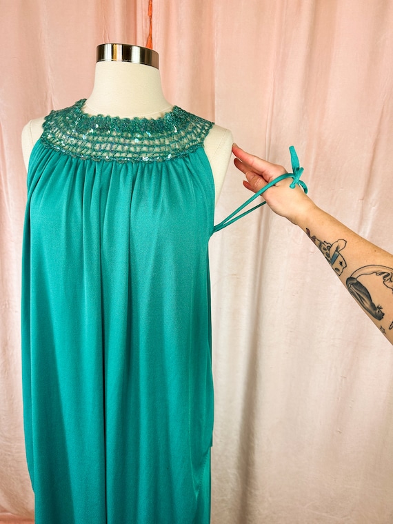 Vintage 1970s Turquoise Green Goddess Dress Small… - image 2