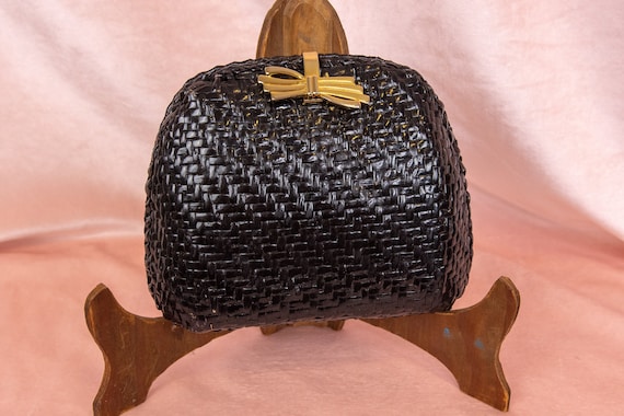 60s Box Purse - Black Wicker Bag - Willow Wicker H