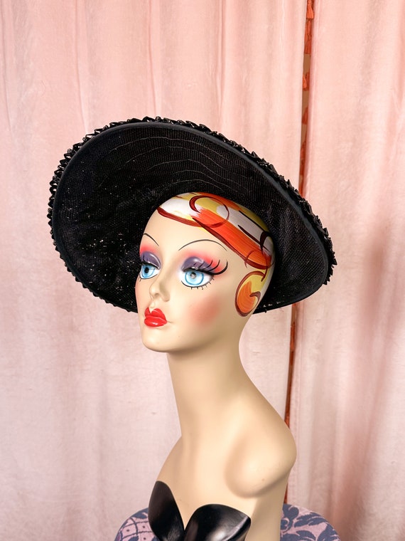 Vintage 1940s 50s Black Wide Brim Tilt Hat - image 9