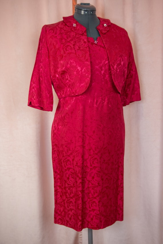 Vintage 1940s 50s Red Dress Set Pencil Dress 34 w… - image 2