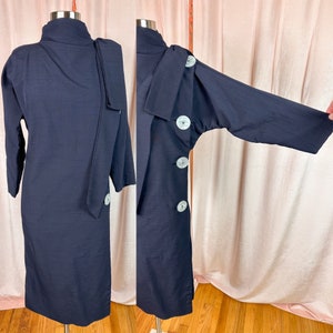 1950s 60s Navy Blue Cheongsam Style Dress Medium