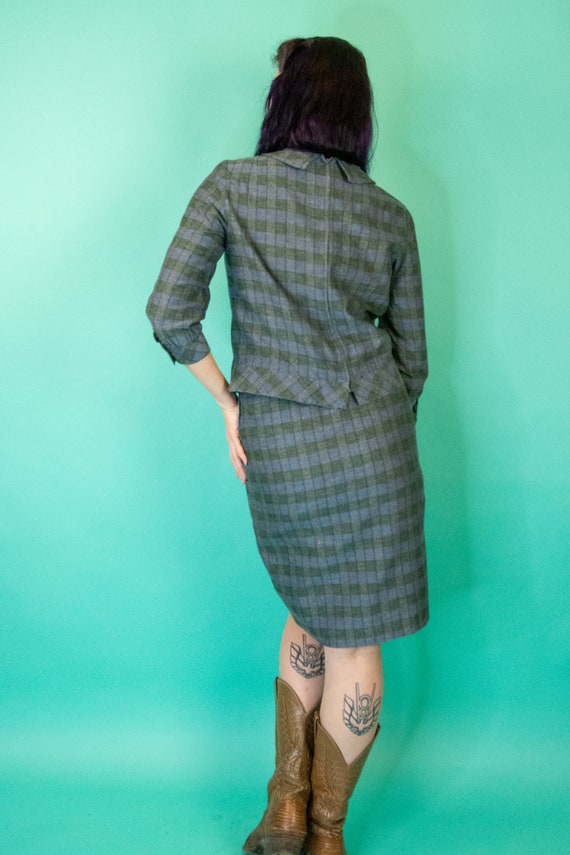 Vintage 1960s Plaid Skirt Set Small - Blue and Gr… - image 4