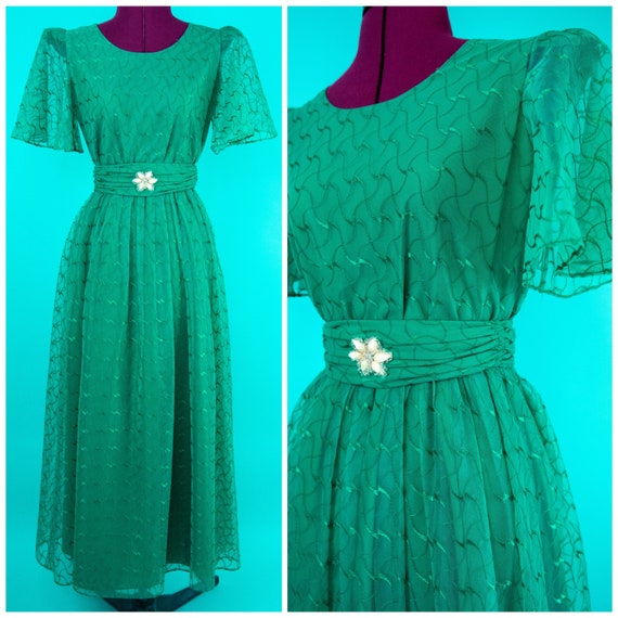 1970s 80s Dress - Green Dress - Small - Evening Dr