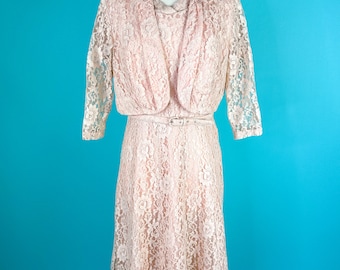 Conjunto de vestido vintage de encaje rosa de los años 50, cintura mediana de 30 pulgadas