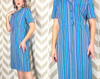 1950s 60s Blue Striped Dress 36W