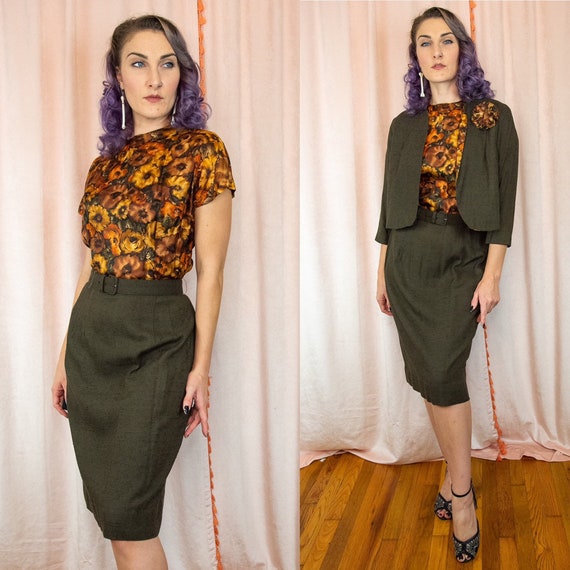 Vintage 1950s Orange Brown Dress Set Medium Wiggle