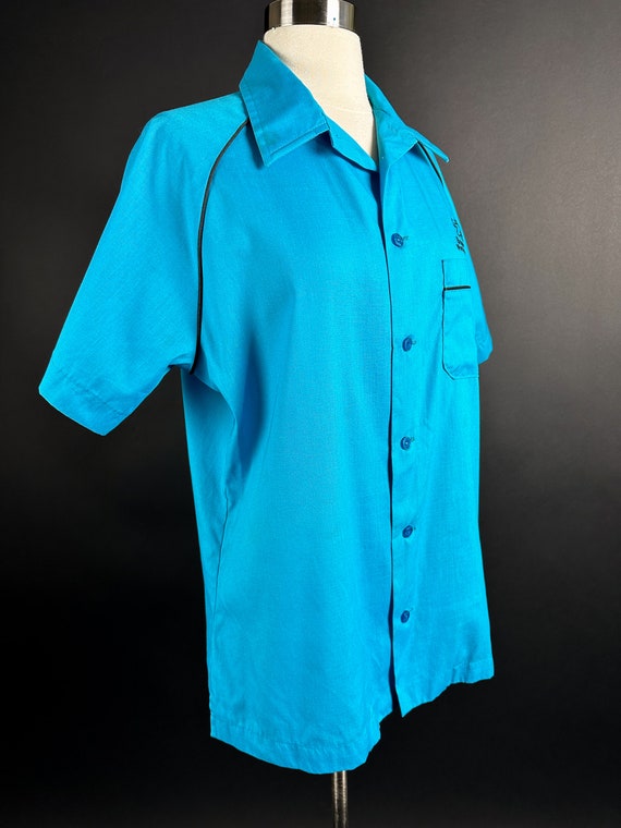 1970s 80s Blue Teal Bowling Shirt Medium - image 5