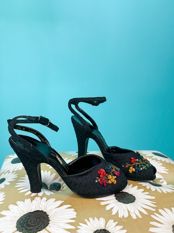 Vintage 1940s Womens Shoes Pumps Heels Size 4.5 Black Floral Heels Peep Toe Etsy