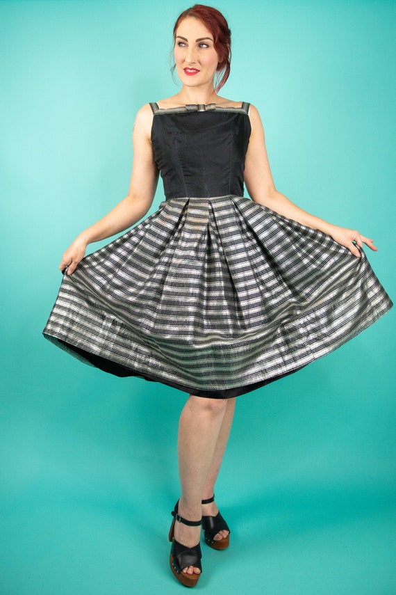 1950s XS Swing Dress Silver Lurex Black Silk - image 1