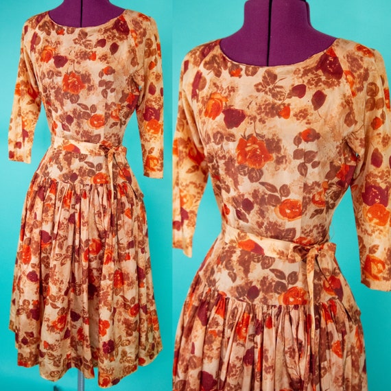 Vintage 1950s Floral Dress Copper Red XS 22 24 wa… - image 1