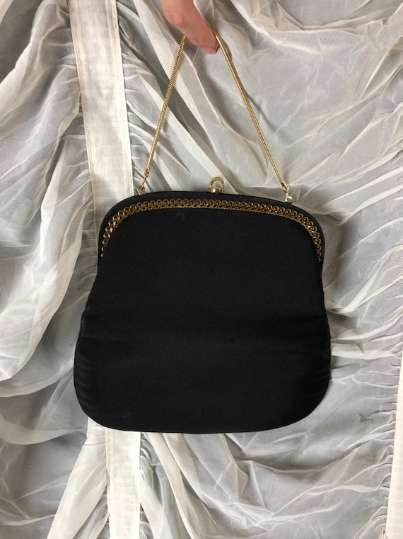 50s Black Clutch - Fold Over Purse - Gold Chain C… - image 2