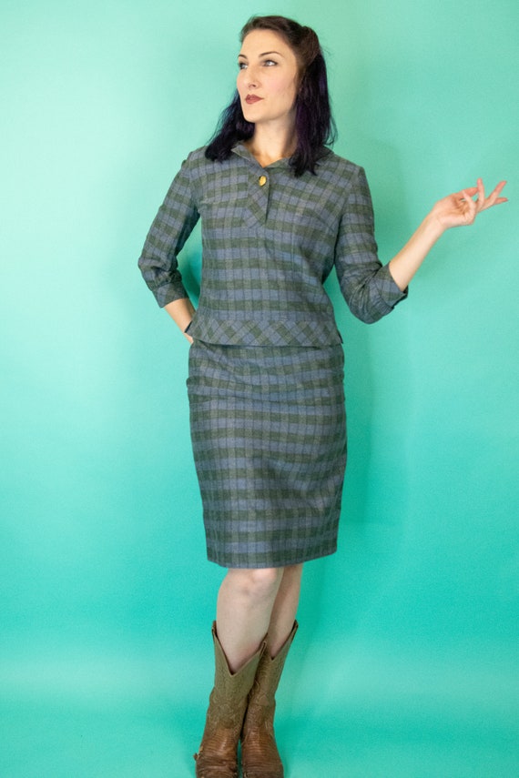 Vintage 1960s Plaid Skirt Set Small - Blue and Gr… - image 1