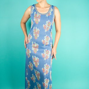 1970er Jahre 36W Maxi Kleid in blau grün 36W