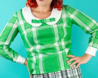 1950s 60s Top - Green Plaid Blouse Small - Green Top - Womens Vintage