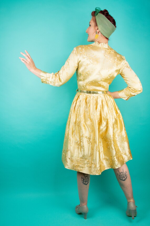 Vintage 1950s 60s Satin Gold Dress Alfred Shaheen… - image 8