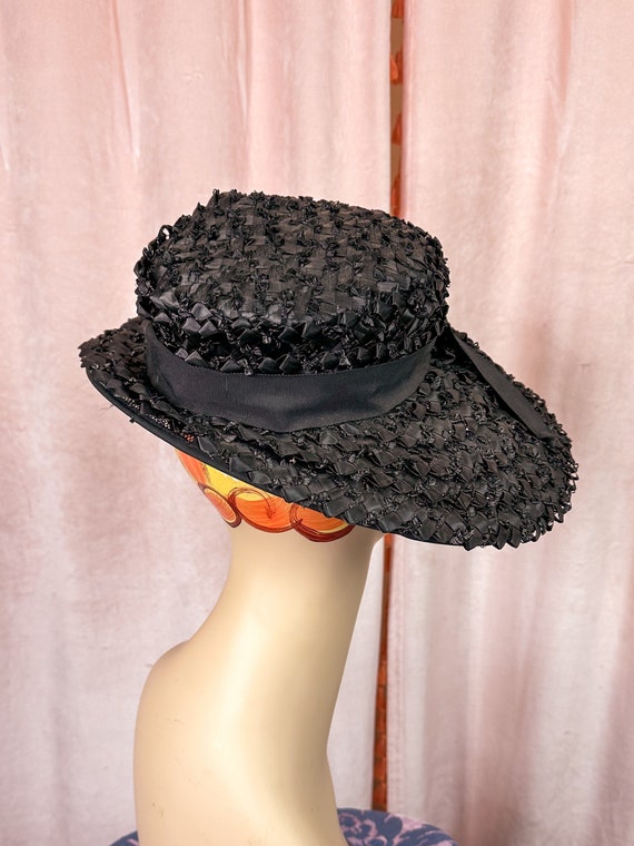 Vintage 1940s 50s Black Wide Brim Tilt Hat - image 3
