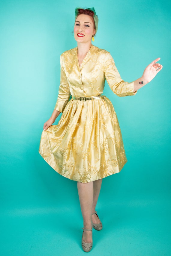 Vintage 1950s 60s Satin Gold Dress Alfred Shaheen… - image 4