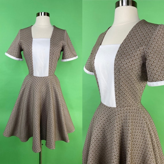 Vintage 1960s Dress XS Small Brown White Textured