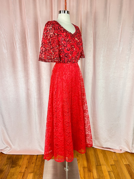 Vintage 1960s 70s Red Lace Sequin Dress 24 26 28 … - image 2
