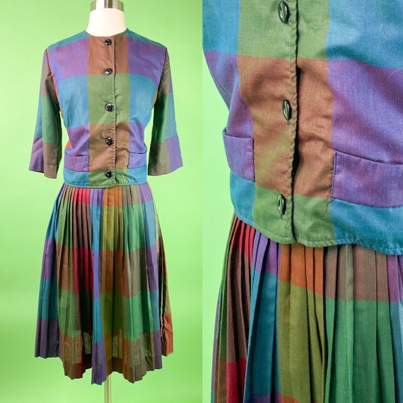1950s 60s Multi Colored Plaid Skirt Set 25W Small… - image 1