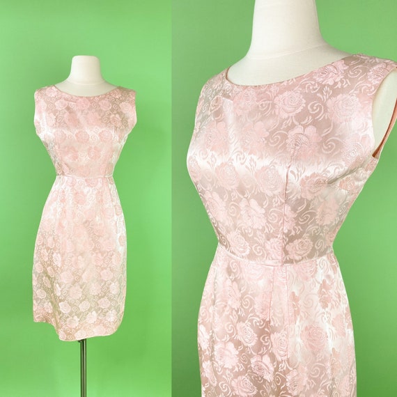 Vintage 1960s Pink Floral Brocade Dress Small