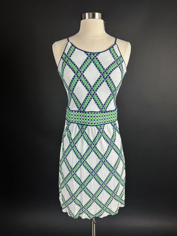 1970s Blue Green Funky Print Spaghetti Strap Mini 