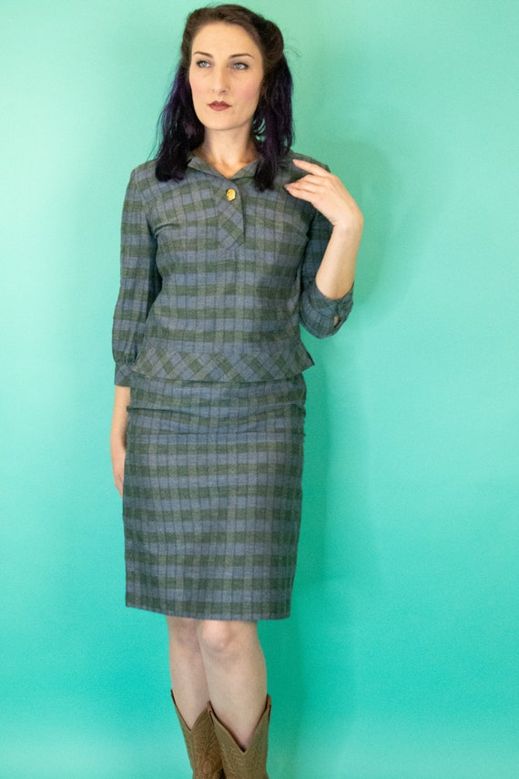 Vintage 1960s Plaid Skirt Set Small - Blue and Gr… - image 2