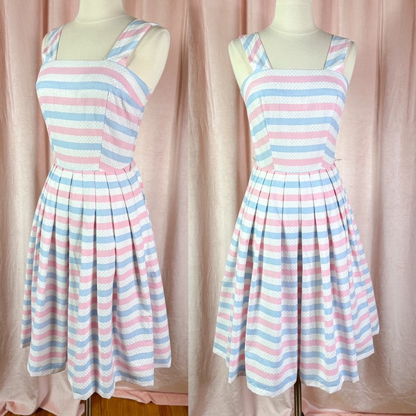 Vintage 1940s 50s Baby Pink and Blue Striped Dress Cotton Sundress 30 bust 25 waist XS Tank Wide Strap Sleeveless