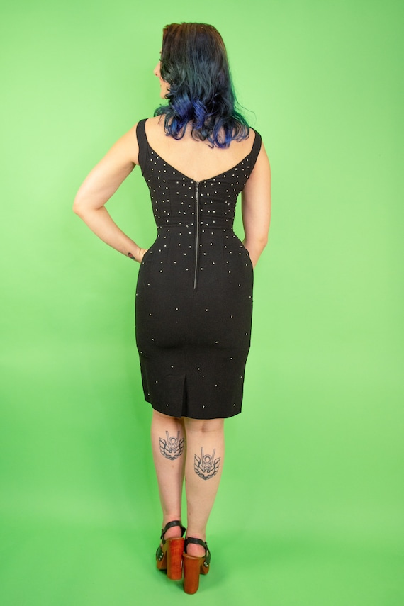 Vintage 1950s Small Black Wiggle Dress Rhinestone… - image 9