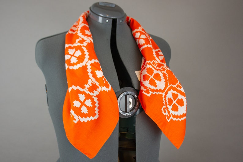 Vintage 1970s Orange Scarf Geometric Block Print image 5