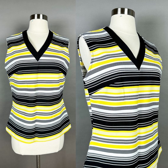 1970s Yellow Black Striped Sleeveless Top Large - image 1
