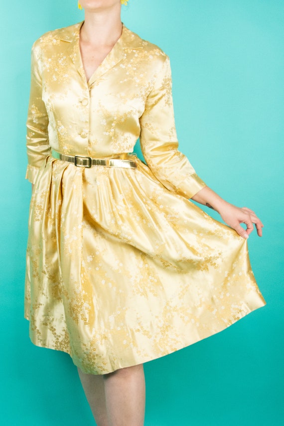 Vintage 1950s 60s Satin Gold Dress Alfred Shaheen… - image 3