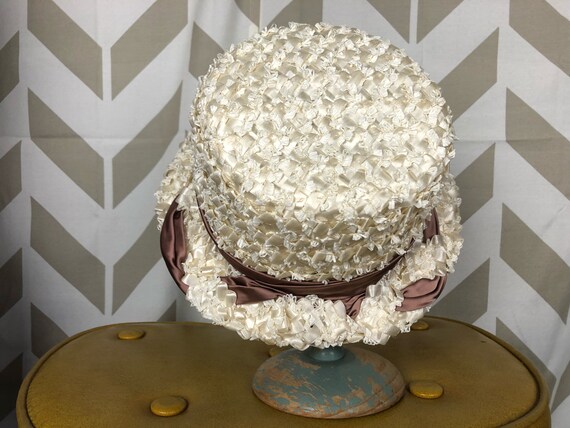 50s Straw Hat - White and Blush Pink - Vintage St… - image 5