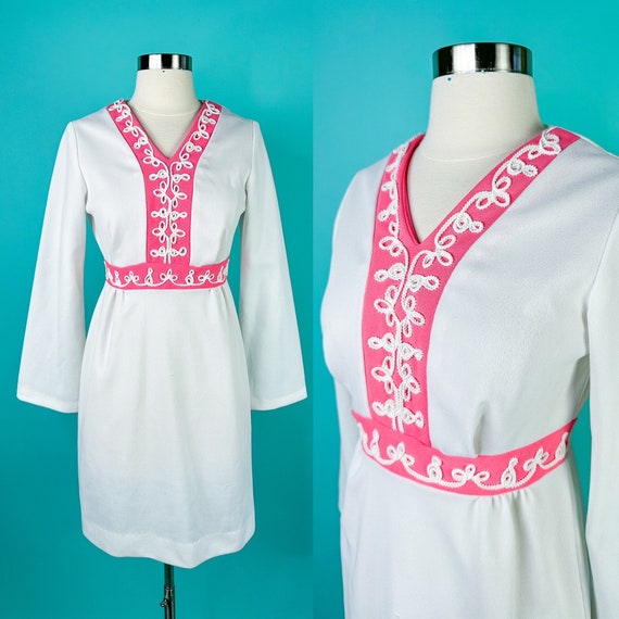 60s 70s White and Pink Mini Dress Longsleeve - image 1
