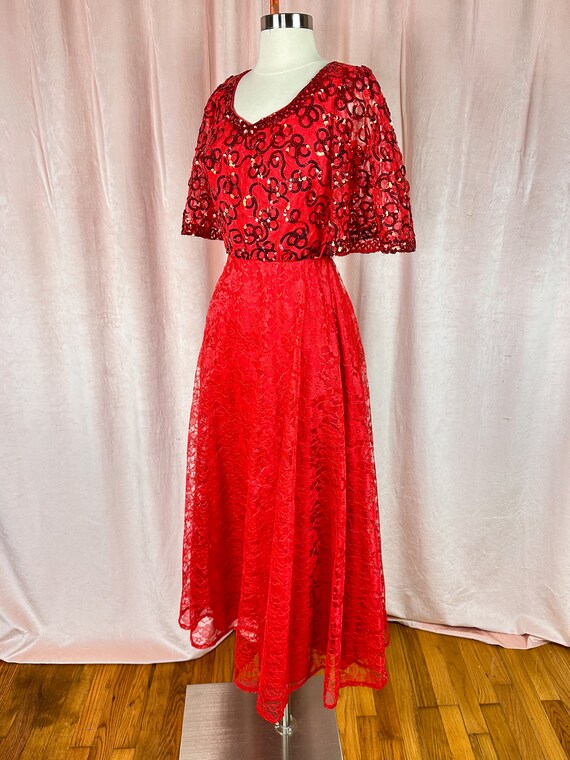 Vintage 1960s 70s Red Lace Sequin Dress 24 26 28 … - image 3
