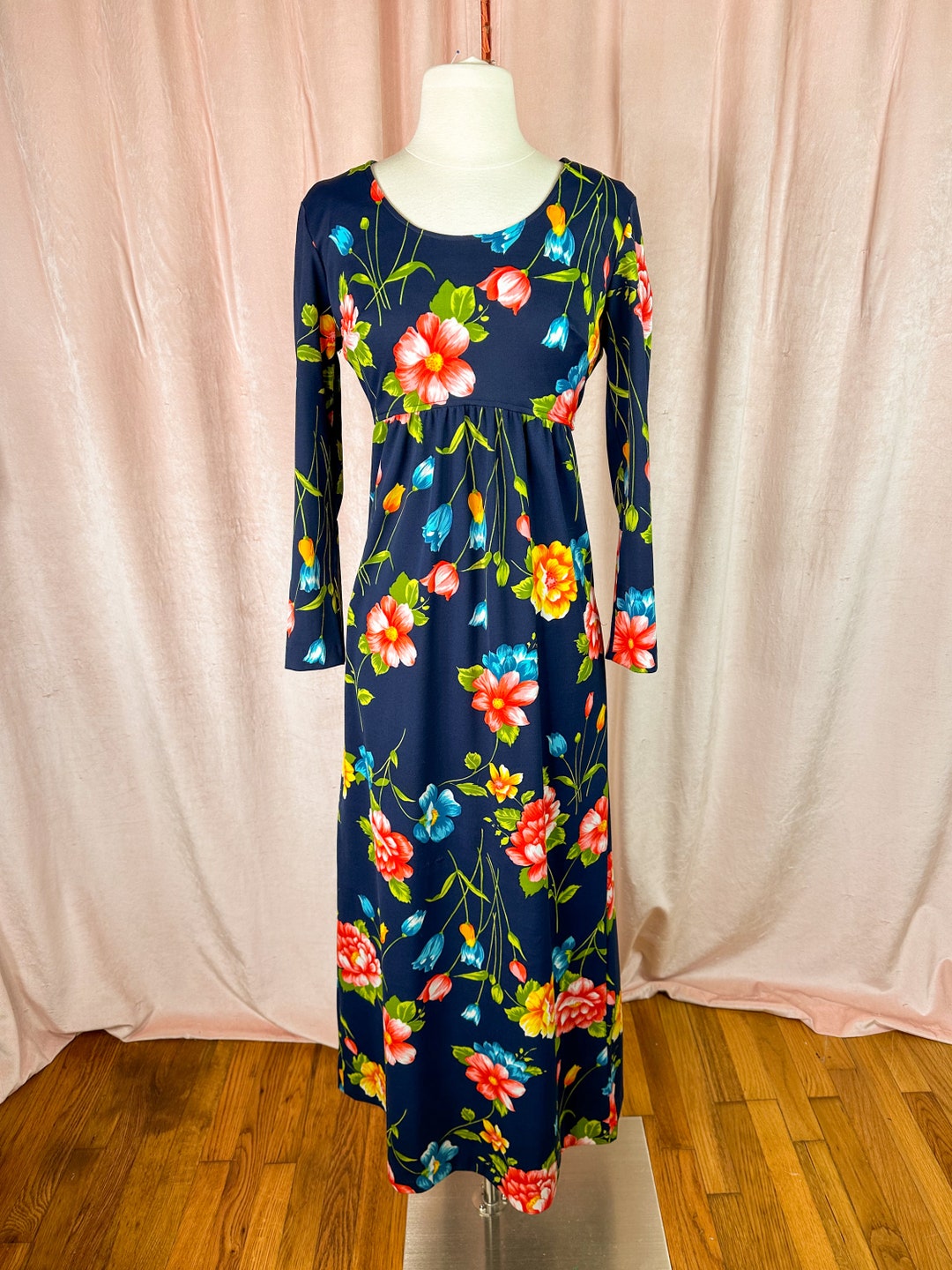 Vintage 1970s Navy Blue Floral Maxi Dress Long Sleeve 32 Waist - Etsy