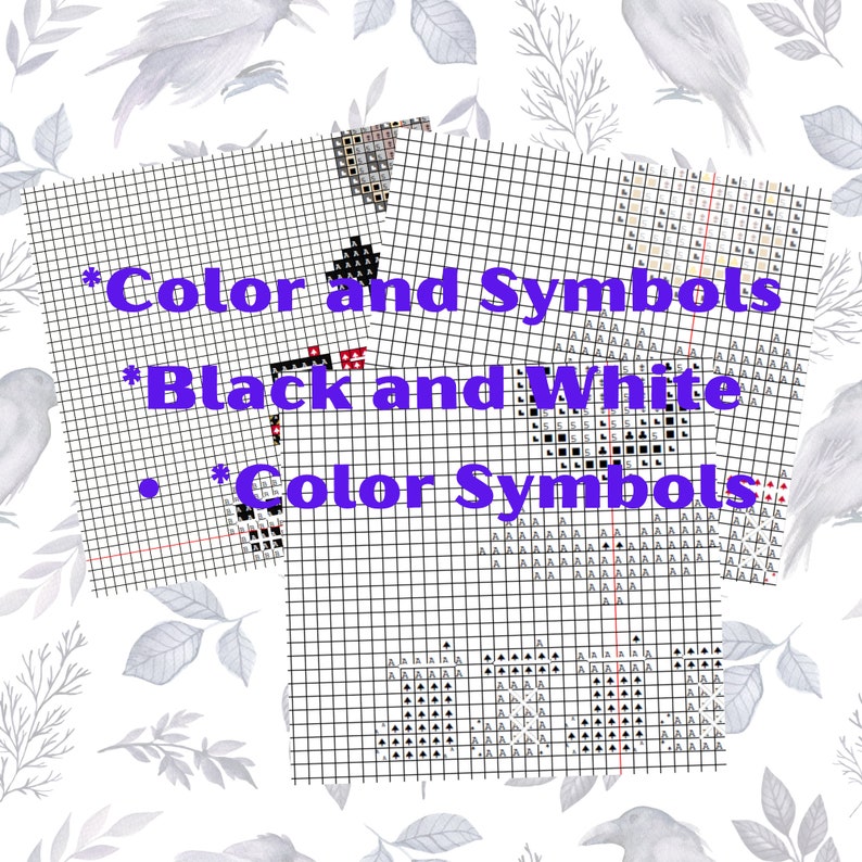 May include: Three cross-stitch pattern charts with text: "Color and Symbols", "Black and White", and "Color Symbols". The charts are black and white grids with colored and black symbols. The background has a watercolor floral and bird design.